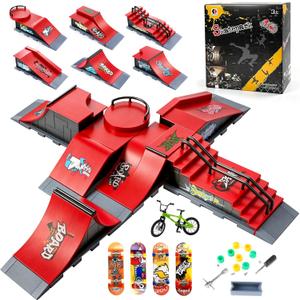 CS COSDDI Finger Skateboard Park Kit, 6 in 1 Skate Park Set with 1 Fingerbike, 4 Fingerboards& 6 Ramps, Mini Skateboard Toys, Trick Practice Finger Skill for Kids & Adults, Fidget Toy Gift