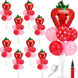 VioraWhite 8 Sets Strawberry Party Balloons Stand Kit Table Centerpieces Decorations with Red Pink Dot Strawberry Foil Balloons for Berry Sweet First Birthday Baby Shower Party Supplies