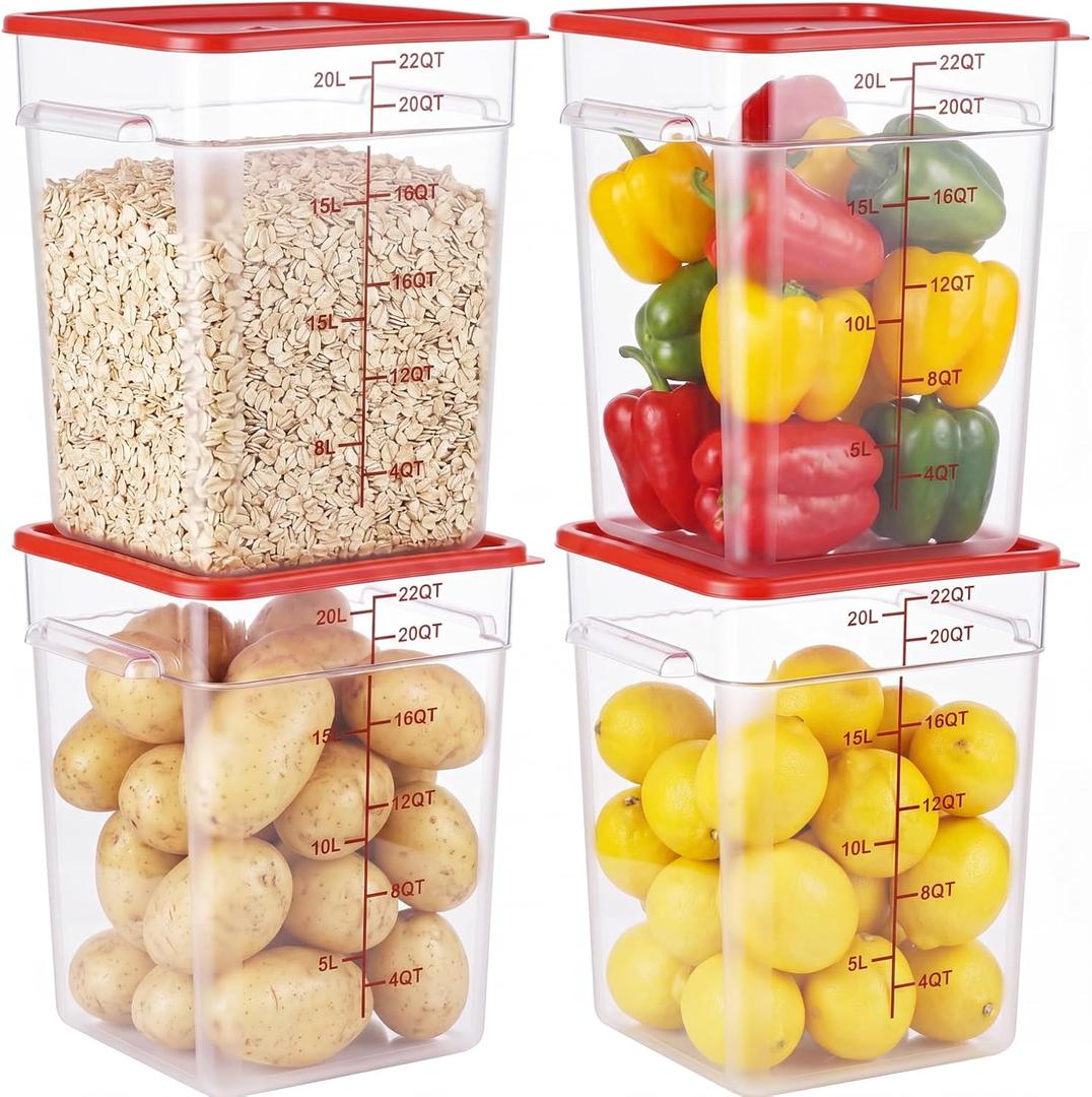 4 Pack Food Storage Containers with Red Lids, 22.0 Qt - Square, Clear, Polycarbonate, for Restaurant Commercial Kitchen and Home party