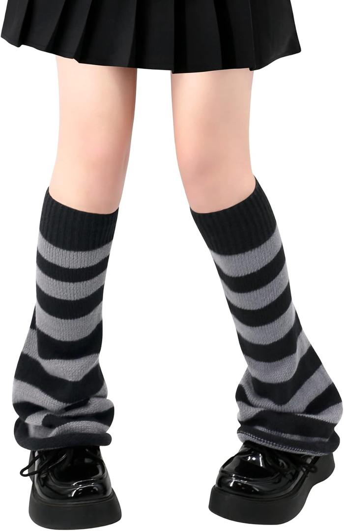 Olreco Leg Warmers Kawaii Leg Warmers Y2K Harajuku Legs Warmer for Girls Women Gyaru Cutecore Lolita Accessories Gothic Socks (One Size, B Black & Gray Stripes Flared)