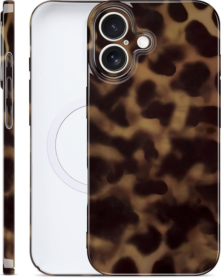 Magnetic Tortoise Shell Phone Case for iPhone 16 Plus, Compatible with MagSafe, Cute Leopard Print Fashion Aesthetic Soft TPU Slim Shockproof Protective Phone Cover for Women Girls
