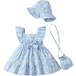 Renotemy Baby Girl Summer Dress Infant Boho Outfits Light Blue Daisy Casual Floral Sundress with Hat and Bag Sleeveless Party Beach Dresses Baby Girl Clothes 6-9 Months 12 Months