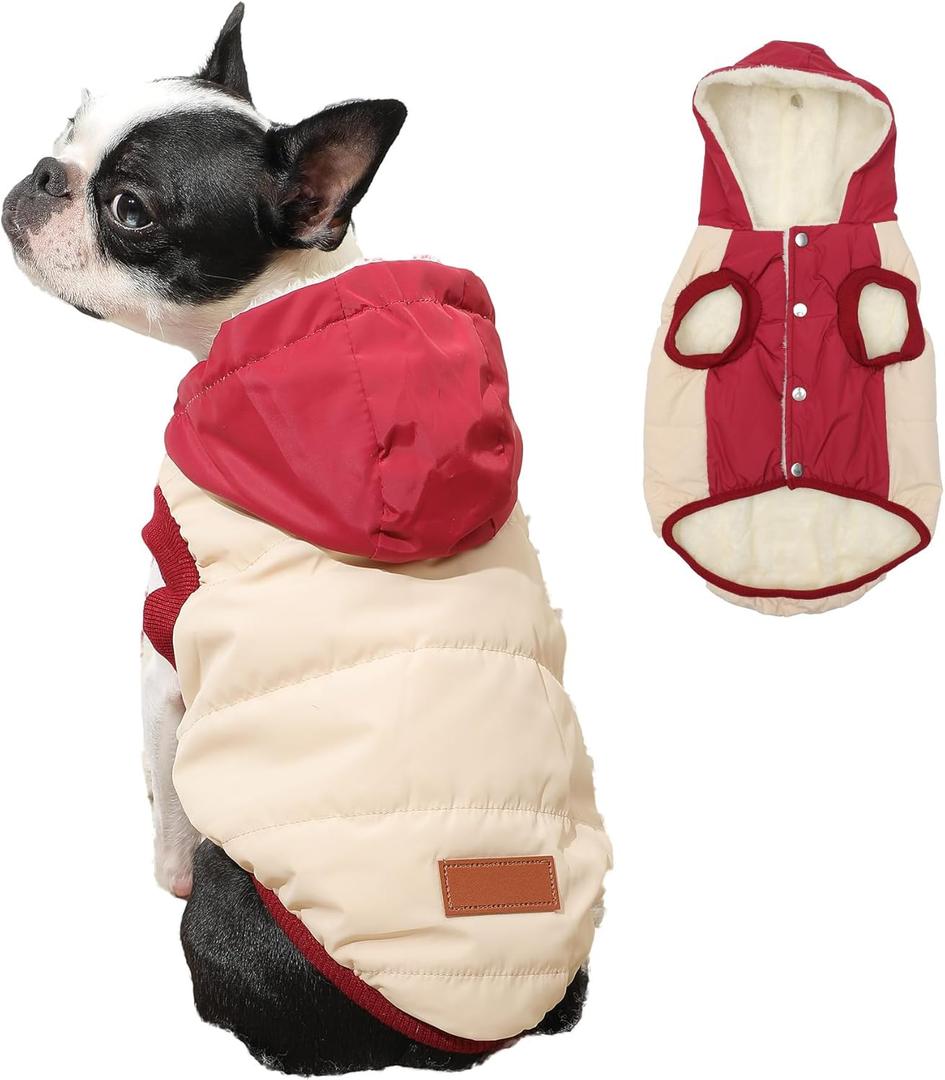 Fleece Lining Extra Warm Dog Hoodie in Winter,Small Dog Jacket Puppy Coats with Hooded,Beige and Red S (Small (Pack of 1))