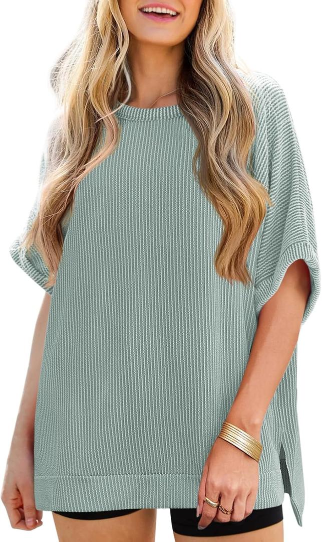 Tankaneo Womens Oversized T Shirts Summer Casual Ribbed Batwing Short Sleeve Tunic Tops Loose Fit Dolman Sleeve Tees (Green, XL)