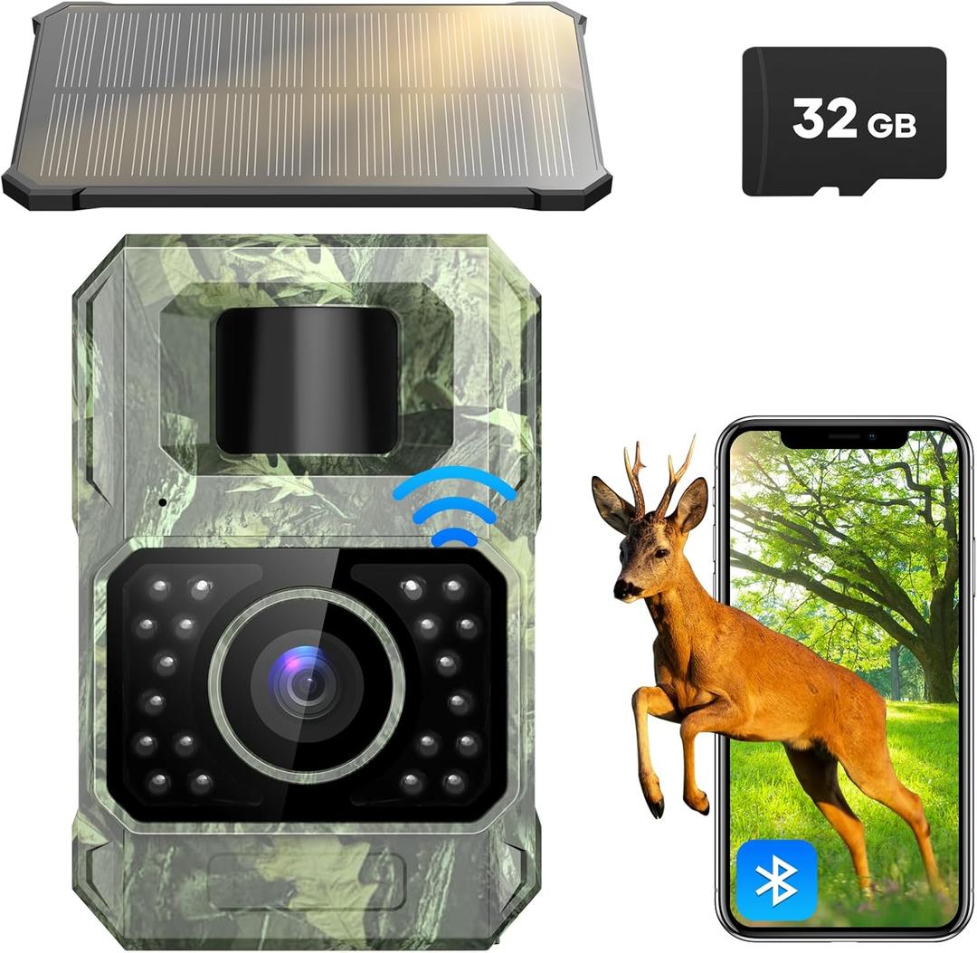 Solar Trail Camera 48MP 30FPS, WiFi Bluetooth Game Camera with Motion Activated 0.2s Trigger, Night Vision Motion Activated IP66 Waterproof for Wildlife Scouting with 32GB Micro SD Card (Grey)