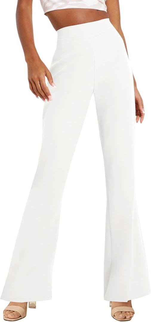 TOPSRANI Womens Stretchy Bootcut Dress Pants Flare Casual Palazzo High Waist Trousers Bell Bottom Business Office Work (Large, White Pants 913)