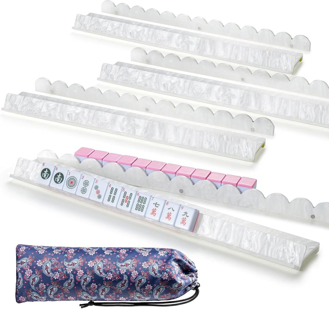 Mahjong Racks with Pushers, Set of 4, Thickened Acrylic Tile Holders with Magnetic & Smooth Slide Push Bars, Non-Slip Durable, 17.5 Inch, Gift for American Mah Jongg Mahjong Lovers, Shell White