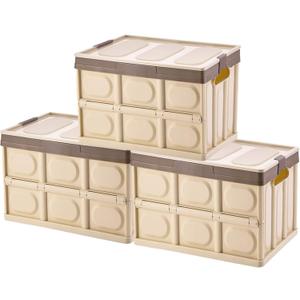Phyllia Foldable Storage Boxes with Lids, 3-Pack Collapsible Plastic Storage Bins Organizer Containers Baskets Cub with Cover,Stackable Utility Crates Storage Box (Brown, 30L)