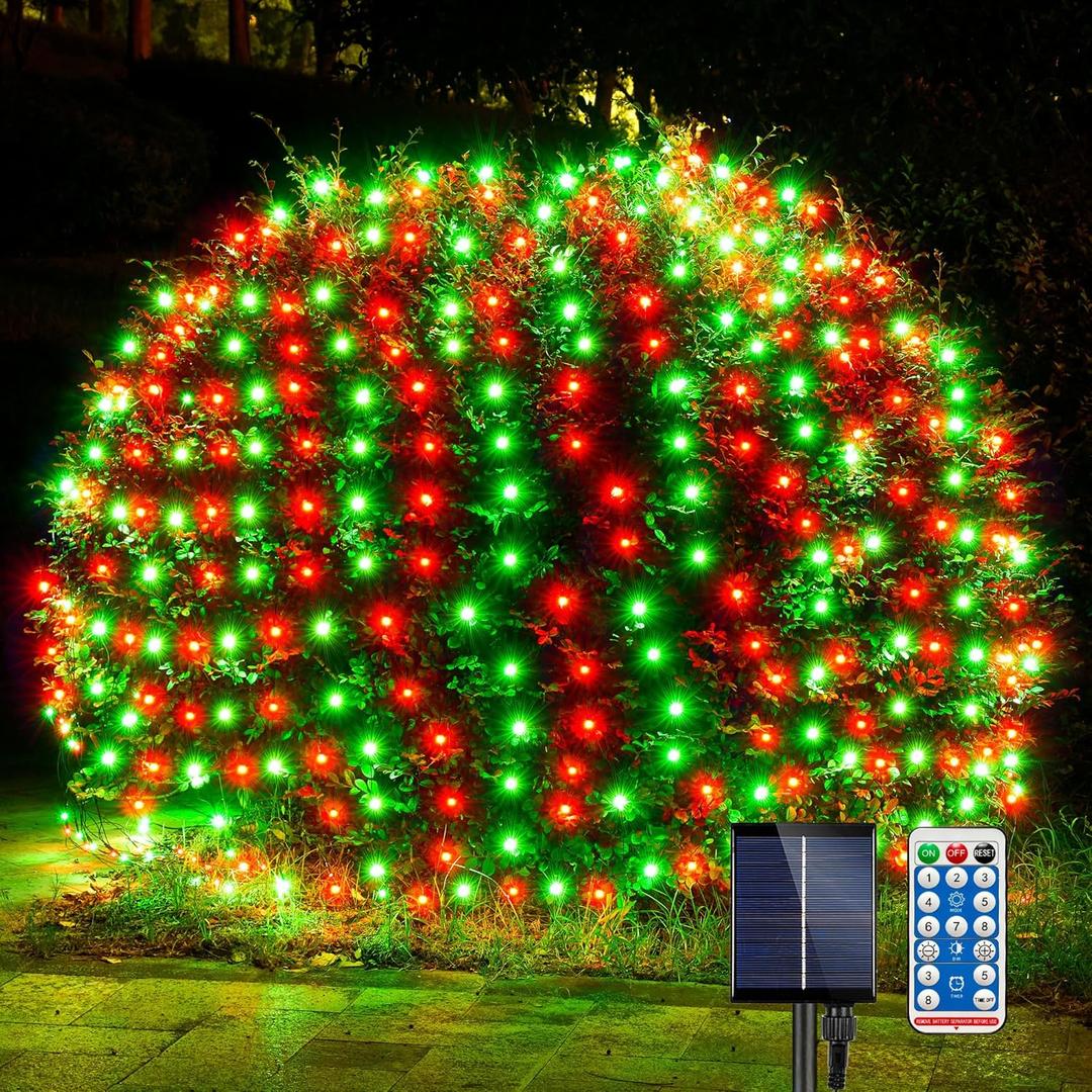 WBao Solar Christmas Lights Outdoor, 200LED 8.4ft x 5.2ft Christmas Net Lights with Remote, 8 Lighting Modes, Timer, Waterproof Design for Lawn, Bushes, Trees Outdoor Xmas Decorations, Red Green
