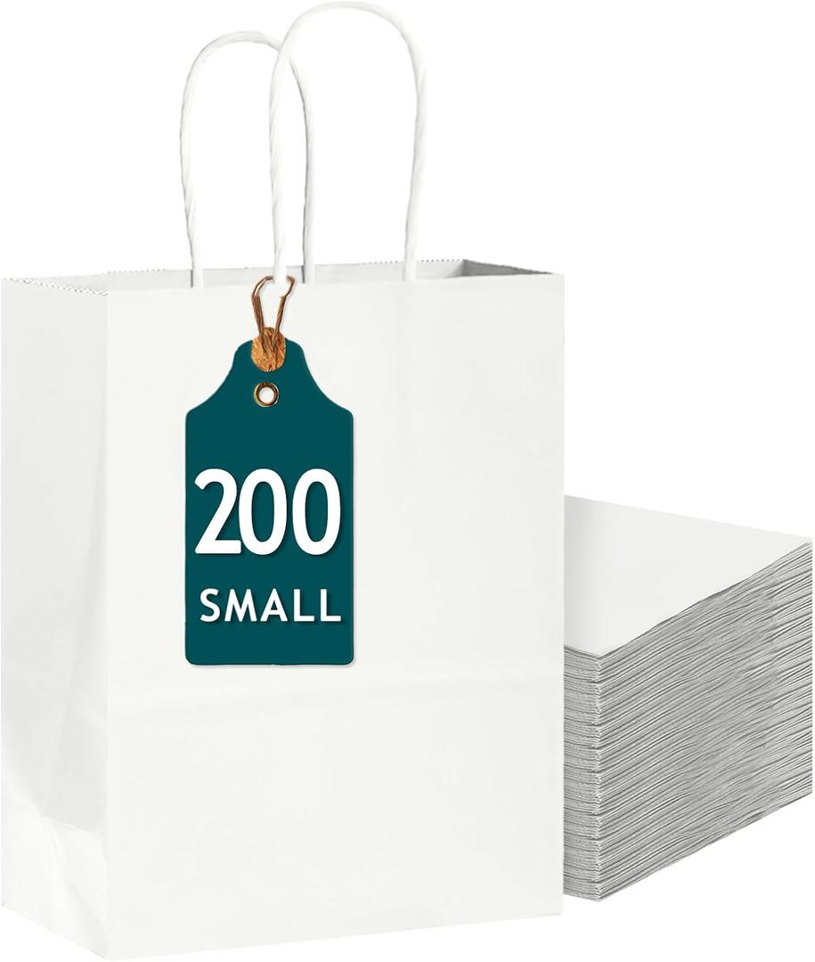 Bakepacker 200-Pack Small Size Gift Paper Bags with Handles Bulk 8.3"x6"x3.22" White Party Kraft Shopping Bags