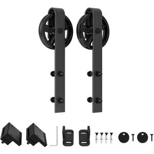 WINSOON Black Antique Hangers Rollers Kit Include Floor Guide/Door Stoppers/Screw/Anti-Jump Block, Sliding Barn Door Hardware Hangers Rollers 2pcs (J Shape Bending Design)