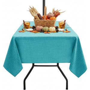 Outdoor Tablecloth with Umbrella Hole - Patio Table Cloth Zippered Square 60x60 Inch, Teal Linen-Look Polyester Table Cover Water Resistant for Picnic Outside