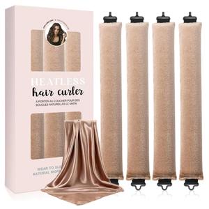 Heatless Curling Rod Set - No Heat Hair Curler for Overnight Natural Waves & Curls4 Jumbo Rods Velvet Hook Wrap + Silk ScrunchieDamage-Free Styling for Medium/Long Hair(Khaki)