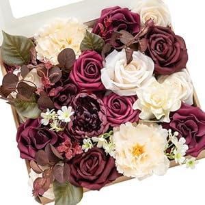 Ling's moment Burgundy Artificial Flowers and Greenery Combo Box Set, Marsala & Cream Fake Flower for DIY Wedding Bridal Bouquet, Centerpieces Decor, Floral Arrangement Decor, etc.