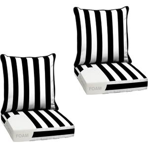Outdoor Foam Deep Seat Cushion Set (2-Pack), 24x24, Premium High-Density Foam, Never Flattens, Weather-Proof for Patio Chair Sofa Couch, Black Cabana Stripe