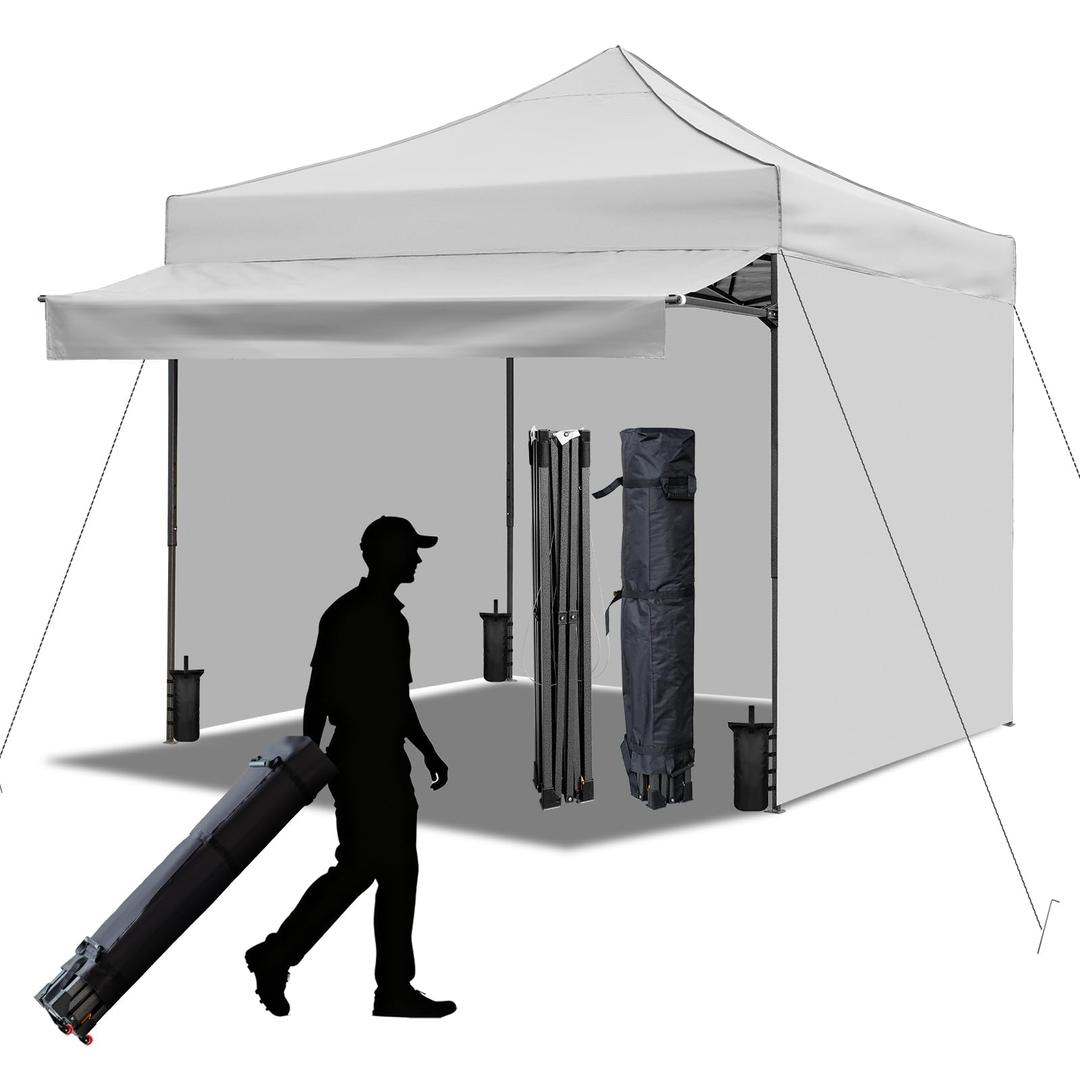10x10 Durable Pop Up Canopy Tent with Sidewalls, Waterproof Attachable Tent Wall, Privacy Shade for Outdoor Events, Camping, Farmers Market (Light Gray with Awning)