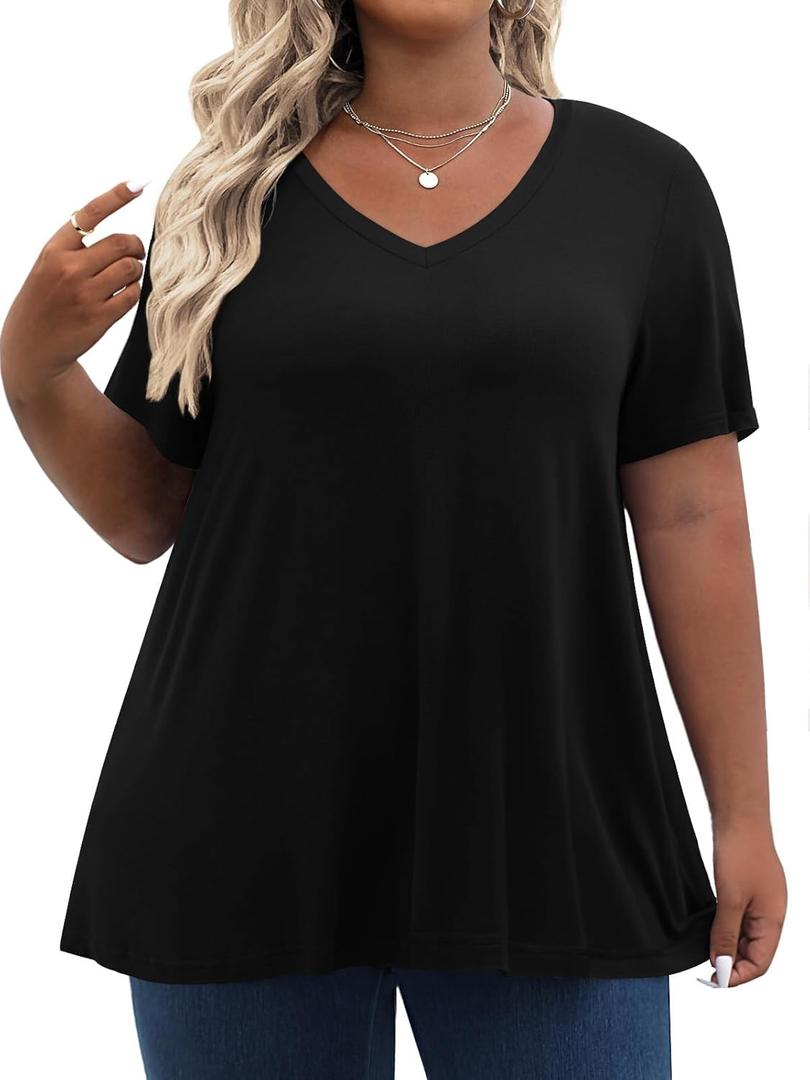 Tencede Womens Plus Size Tops Short Sleeve Tunic Shirts V Neck Summer Floral Loose Fit Blouse XL-5X