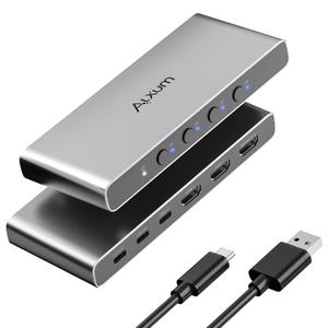 Alxum USB-C HDMI Switch 4 Computers 1 Monitor,Dual HMDI +USB C Switcher 4 in 1 Out,Support UHD 4K@60Hz EDID Adaptive, Compatible with Laptops, PC, PS5,Xbox, Ipad,Phone-Aluminum