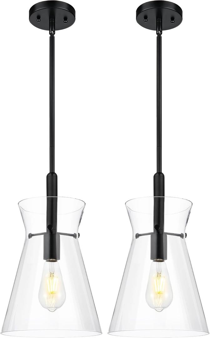 Emak 9 Inch Black Pendant Light, 2 Pack Large Pendant Lights Kitchen Island with Clear Glass Shade, Modern Farmhouse Hanging Light Fixture for Kitchen, Dining Room, Bathroom, PL130-BK-CG-2PK