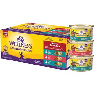 Wellness Complete Health Gravy and Minced Variety Pack Adult Canned Wet Cat Food, Natural, Protein Rich, Grain Free, Salmon, Tuna, and Chicken Recipes, 3 oz, Pack of 12 Cans (EXP 05/02/29)