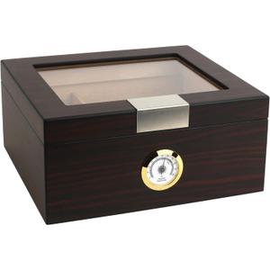 Mantello Cigars Cigar Humidors, Humidor Cigar Box- Gifts for Men, Ebony Wood, Glass-Top Cigar Humidor, Cigar Humidor Box with Hygrometer, Cedar Divider, Humidity Packets Holder, Cigar Box, Holds 25-50
