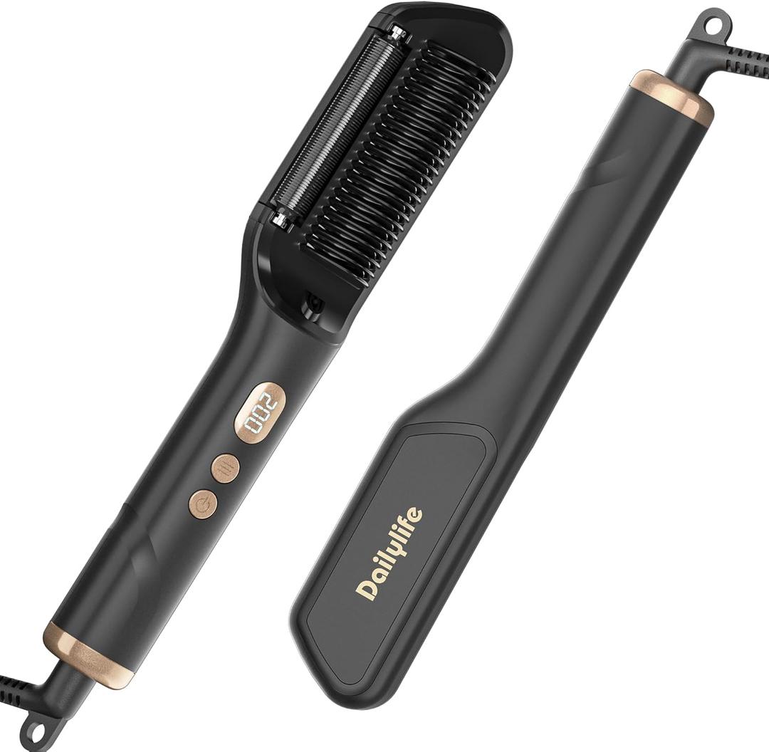 DAILYLIFE Hair Straightener, Straightening Brush with Oil-Infused, Ionic Straightening Tool 20s Fast Heating, 9 Temps, LCD Display Hot Comb, Dual Voltage Flat Iron, Black