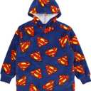 Bioworld Superman Logo All-Over Print Boy's Blue Long Sleeve Sherpa Lined Kids Wearable Hoodie Blanket
