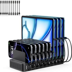 USB C Charging Station for Multiple Devices, 10-Port 100W Charging Dock, with Adjustable Dividers, USB-C Power Hub, Compatible with iPhone/Samsung/Google/Tablets/USB Devices (with 10 Cables)