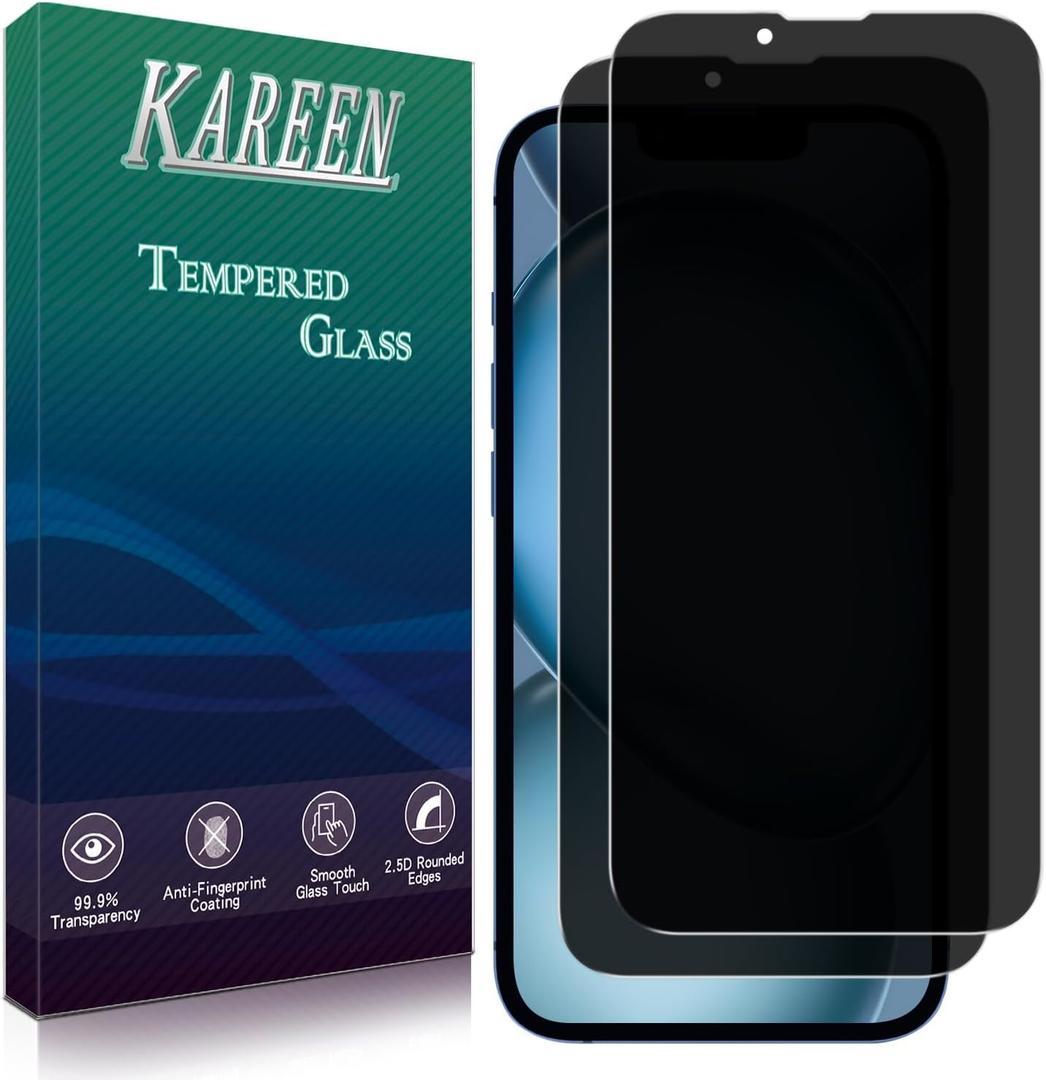 KAREEN 2 Pack Privacy Screen Protector for iPhone 14 Anti Spy Private Tempered Glass Film 6.1-Inch, 9H Hardness, Anti Scratch, Bubble Free, Case Friendly, Easy to Install (Black)