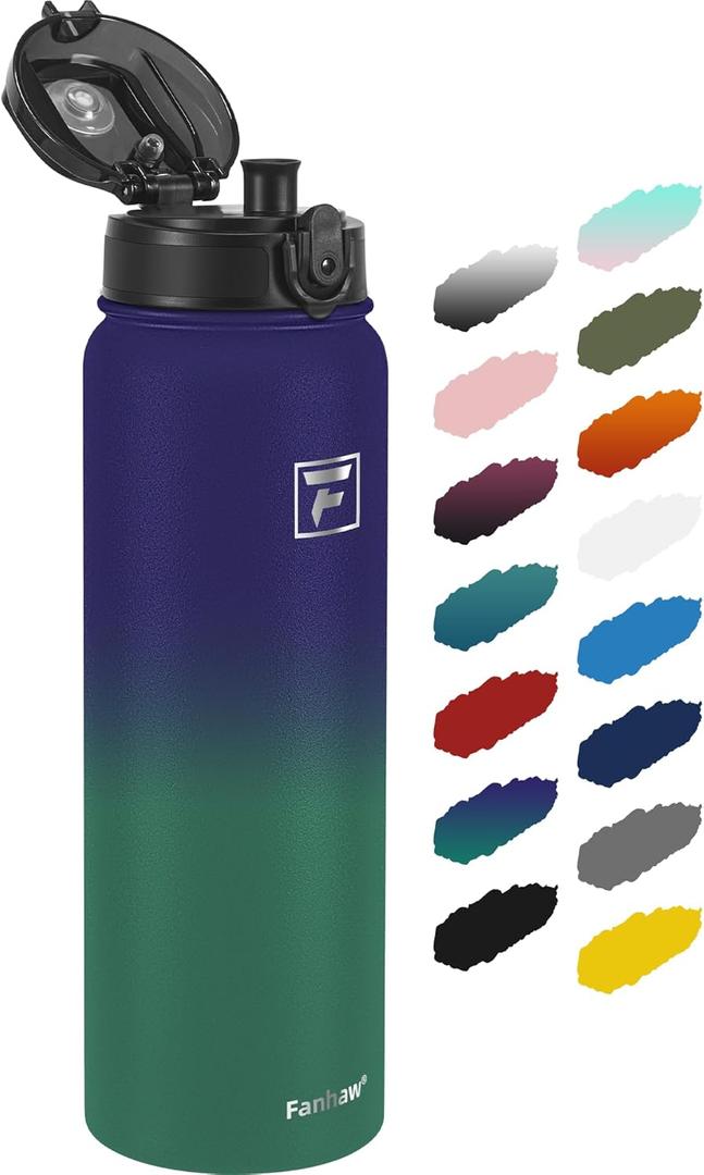 Fanhaw 32 Oz Insulated Stainless Steel Water Bottle with 1 Lid (Chug Lid) - For Kids, Women, Men | Leak & Sweat Proof with Anti-Dust Lid (Purple Green)