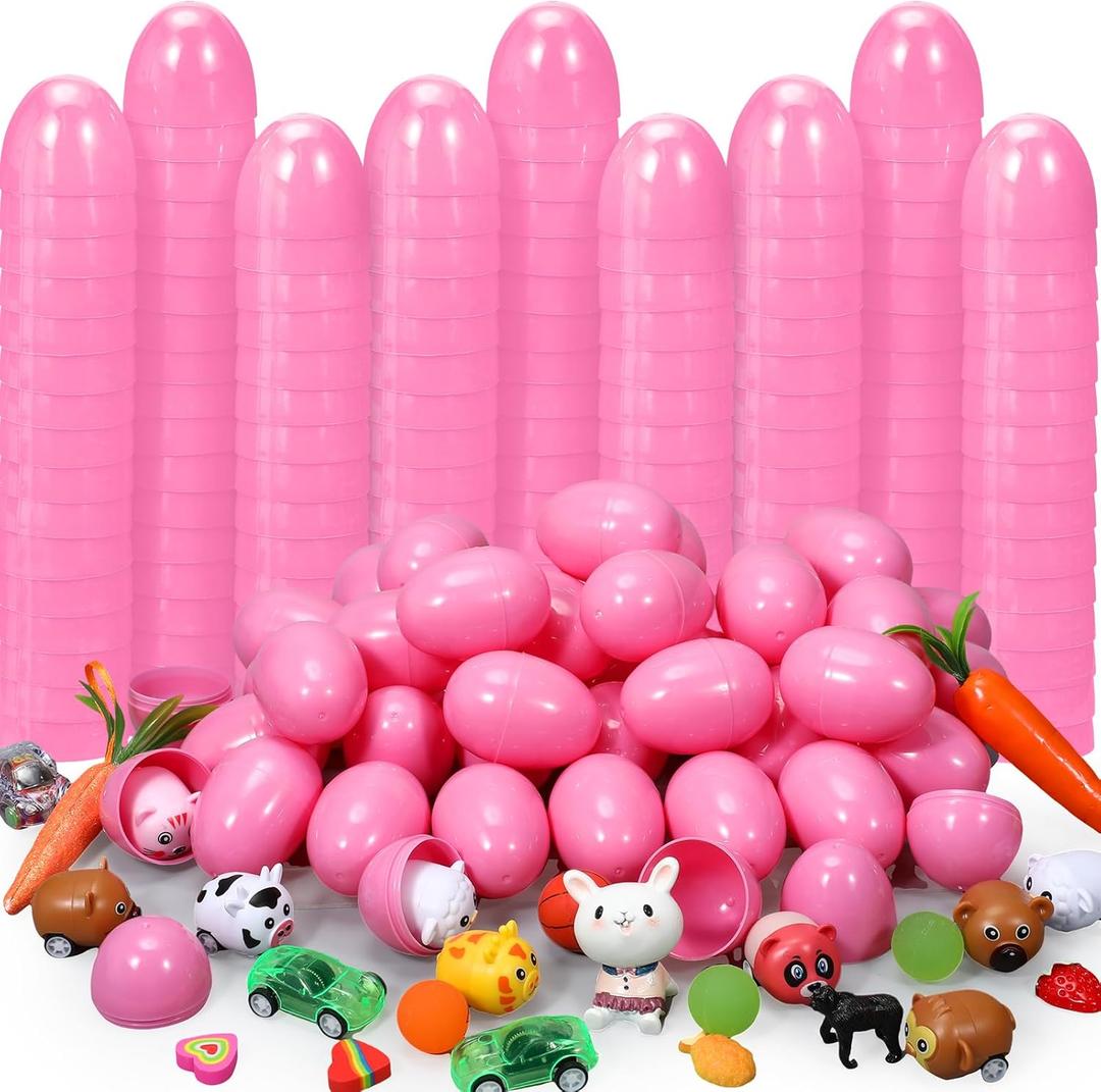 Deekin 100 Pcs Plastic Easter Eggs Fillable Empty Colorful Bright Eggshells for Easter Hunt, Filling Treats, Party Favor, Basket Stuffers, Classroom Prize Supplies(Pink)