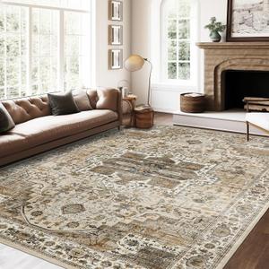 Roxstand 8x10 Area Rugs for Living Room, Vintage Washable Rug with Non-Slip Backing, Stain Resistant Large Area Rug for Dining Room, Soft Rugs for Bedroom (Beige/Brown, 8'x10')