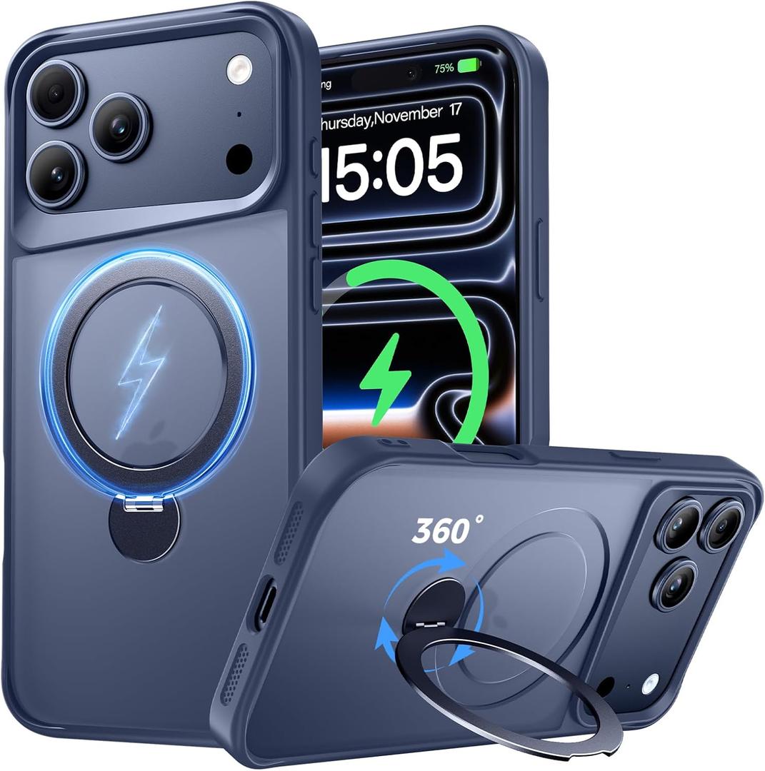 Designed for iPhone 17 Pro Case, with 360 Magnetic Stand [Compatible with MagSafe] [Military Drop Protection] Shockproof Translucent Matte Case for 17 Pro 6.3 Inch, Deep Blue
