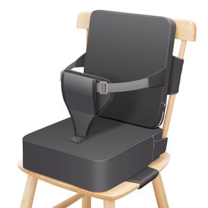 Toddler Booster Seat for Dining Table, Non-Slip Kitchen Chair Booster Seat with Backrest and Adjustable Straps, Portable PU Waterproof Travel Baby Booster Increasing Cushion (Dark Gray)