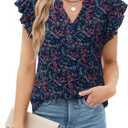 siliteelon Button Up Shirt Women Dressy Casual Womens Blouses V Neck Ruffle Short Sleeve Work 2026 Trendy Spring Summer Tops (L, Navy Floral)