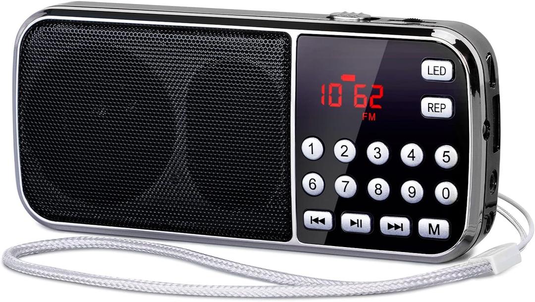 PRUNUS J-189 Bluetooth AM FM Radio, Small Portable Radios - Dual Speaker Heavy Bass, LED Flashlight, Pocket Size, TF Card USB AUX MP3 Player, Rechargeable Battery Operated Small Radio (Black)
