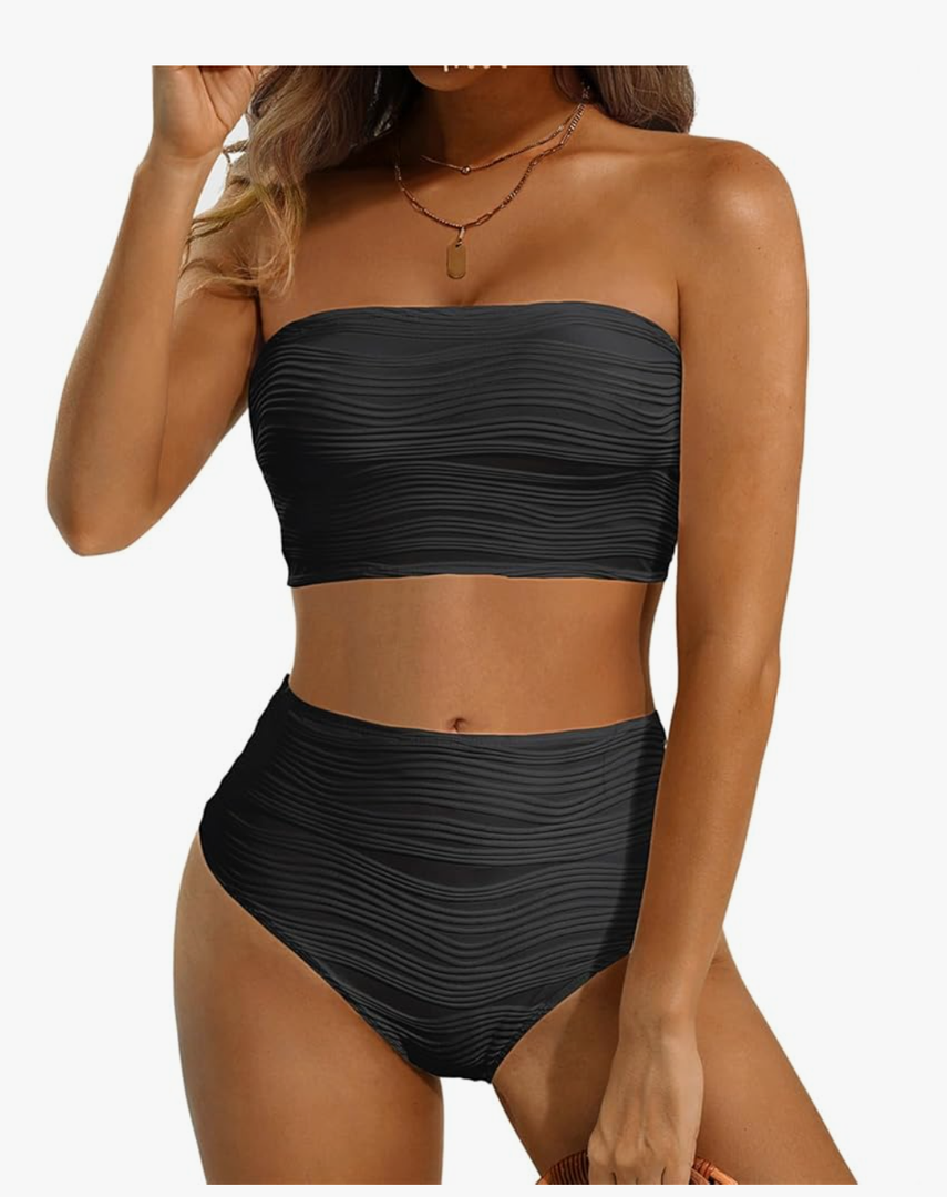 High Waisted Bandeau Bikini Set - Women Strapless Two Piece Swimsuits Ribbed Longline Full Coverage Bathing Suits Swimwear, Large