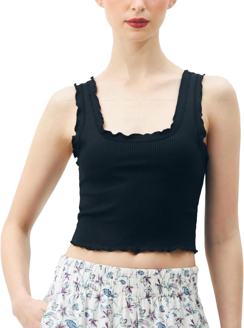 SANDY & SID Womens 2024 Crop Tops Scoop Neck Ribbed Ruffle Slim Fit Sleeveless White Casual Basic Tank Top for Teen Girls (Black, S)