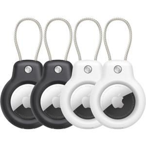 SPGUARD Compatible with Apple AirTag Secure Holder with Wire Cable, 4 Pack Air Tag Lock Case Keychain Key Ring Key Chain Luggage tag for Kids Keys, Luggage & More Men Women's Keyrings & Keychains (Black/White/Black/White)