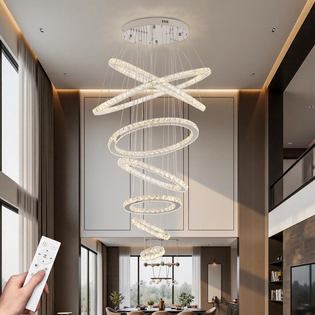7-Ring Crystal LED Chandelier, Dimmable Pendant Light with Remote
3000-6500K, Adjustable Height up to 118", K9 Crystal & Stainless Steel for Foyer, Staircase & High Ceilings