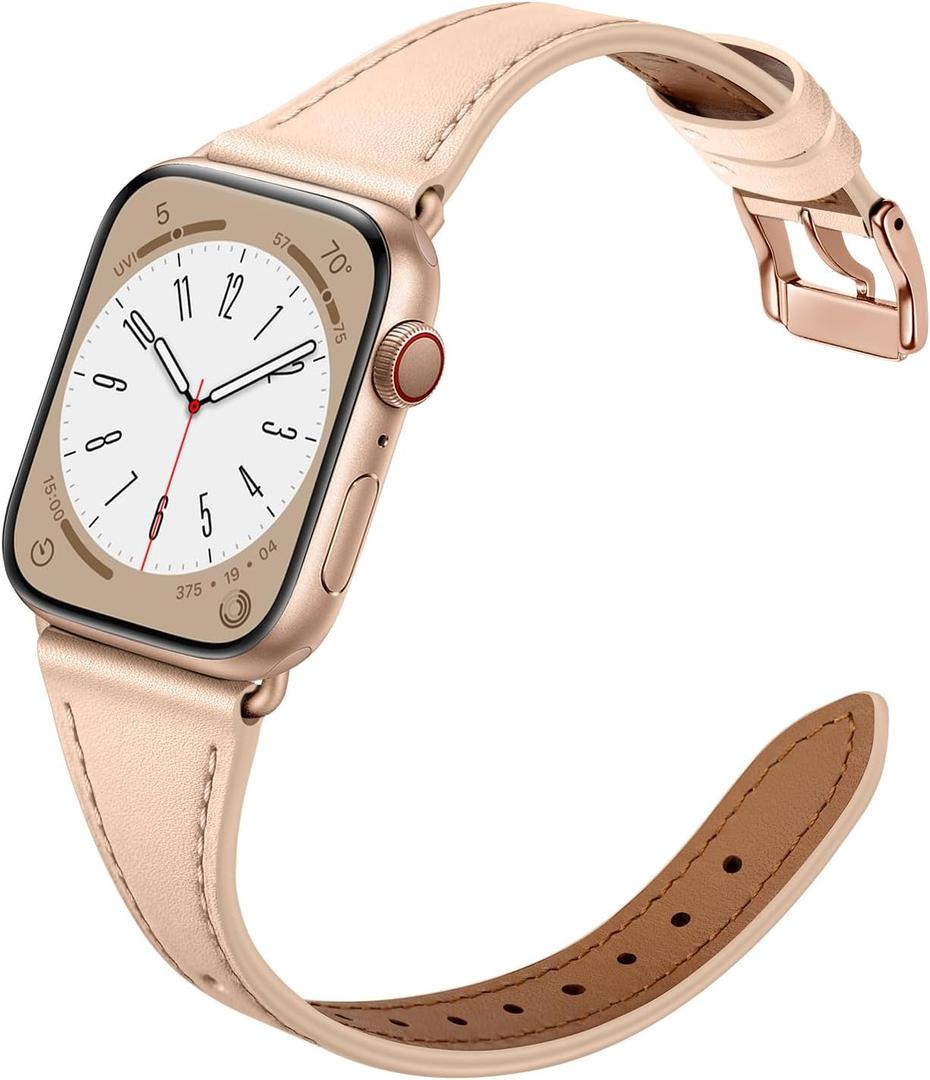 Slim Leather Bands Compatible with Apple Watch Band 42mm 41mm 40mm 38mm, Genuine Leather Replacement Strap for iWatch Series 11/10/9/8/7/6/5/4/3/2/1 SE 3/2/1 Women, Pink Sand/Rose Gold