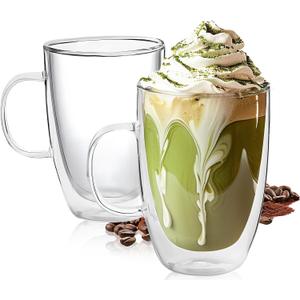 Set of 2 Double Walled Glass Coffee Mugs 16 Ounces Insulated Layer Coffee Cups with Handle Borosilicate Glass Espresso Cup for Hot Beverage,Cappuccino,Tea,Latte,Wine,Microwave Safe