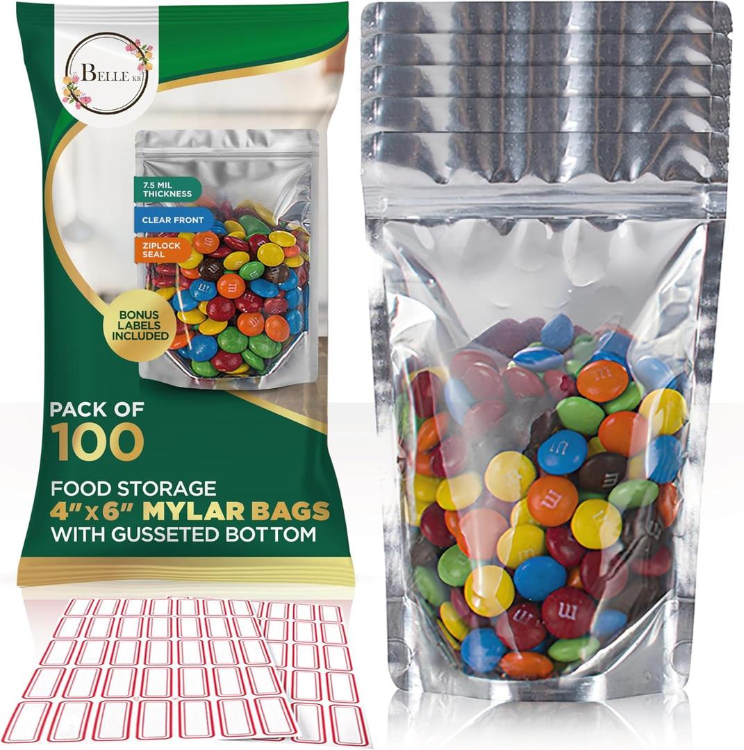BELLE KR 4x6 Mylar Bags for Freeze Dried Candy - Pack Of 100-7.5mil Thick - 1/2 Pint Stand Up Small Clear Mylar Bags with See Through Window for Freeze Drying - Labels Included