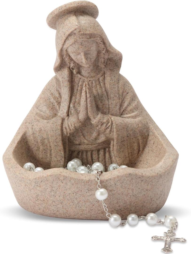 Virgin Mary Statue, Catholic Gifts for Women, Virgin Mary Keepsake Rosary Holder, 5.5" Blessed Mother Statues, Catholic Decor (Sandstone)