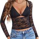 Avidlove Women's Sheer Mesh Long Sleeve Crop Top Slim Fit Shirt Sexy Bralette and Lace Top Set (XX-Large, Black)