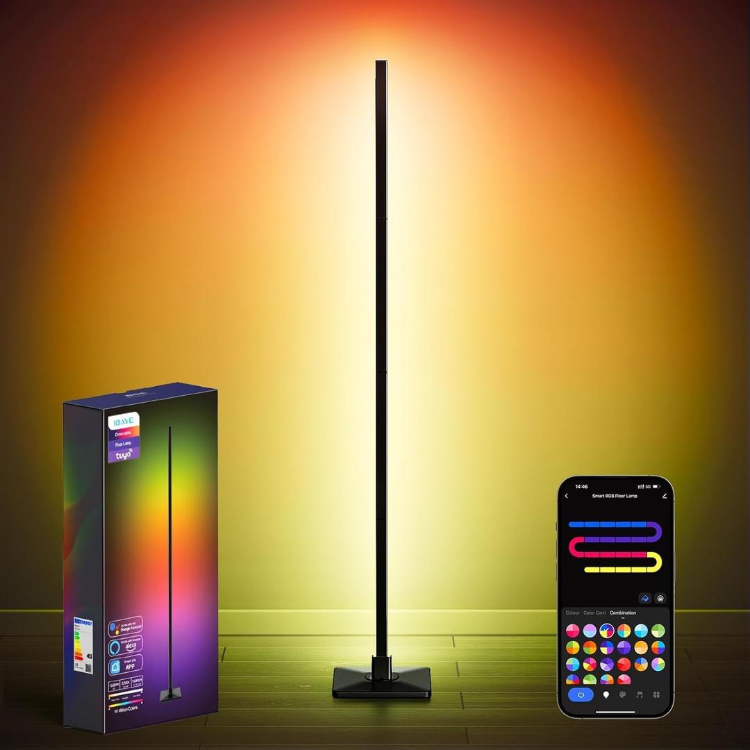 Floor Lamp,RGBICW Led Lamp Compatible with Alexa and Google Assistant,60 Inch 4 Segment Detachable Corner Light with Square Base for Living Room and Bedroom Ambient Lighting