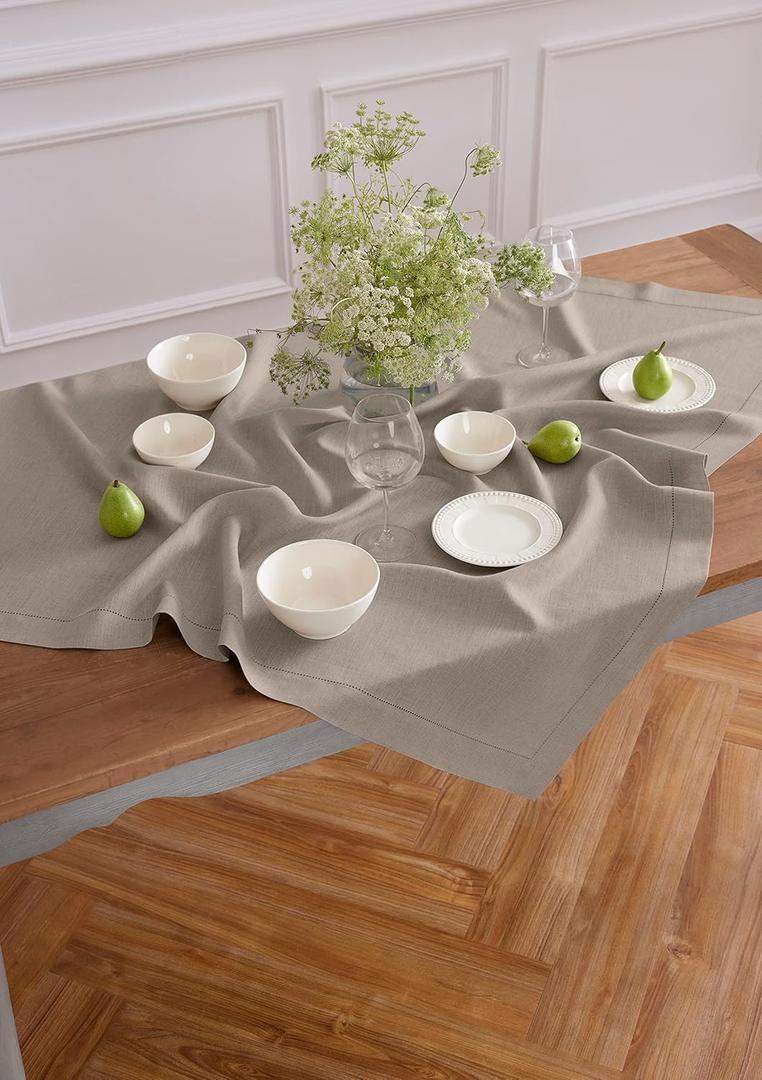 Solino Home Natural Linen Tablecloth 52 x 52 Inch - 100% Pure Linen Square Table Throw - Classic Hemstitch, Machine Washable Table Cloth for Summer