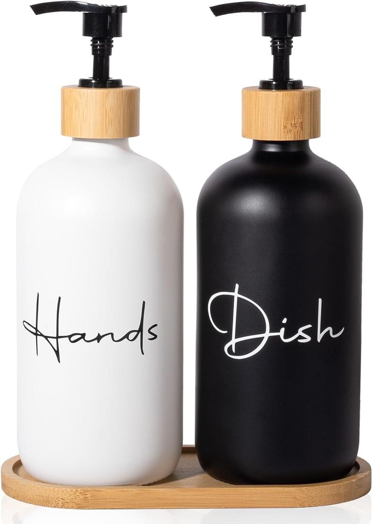 7 oz Hand Soap Dispenser Empty Glass Lotion Pump Bottles, Refillable Liquid Dish Soap Bottles for Bathroom, Kitchen Sink, Black + White, 2 Pack 