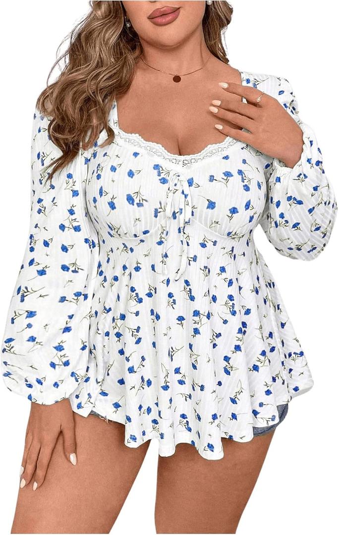 SOLY HUX Women's Plus Size T Shirt Floral Print Lace Trim Bishop Long Sleeve Ruffle Hem Tee Tops (3X-Large Plus)