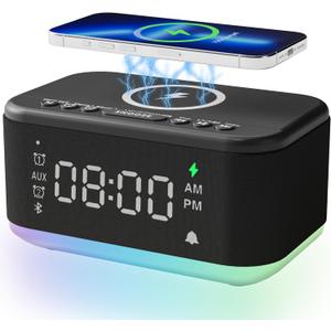 Alarm Clock Speaker Wireless Charger, Digital Alarm Clocks Bedrooms Bluetooth, Alarm Clock Dimmable Light Bedrooms Dual Alarm Snooze Dimmer 12 24H RGB Night Light Bluetooth USB AUX, Black
